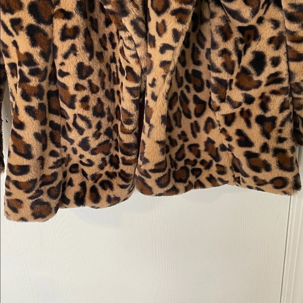 Leopard Print Faux Fur Teddy Coat Cropped Open Front Lined Size Small - Picture 6 of 9